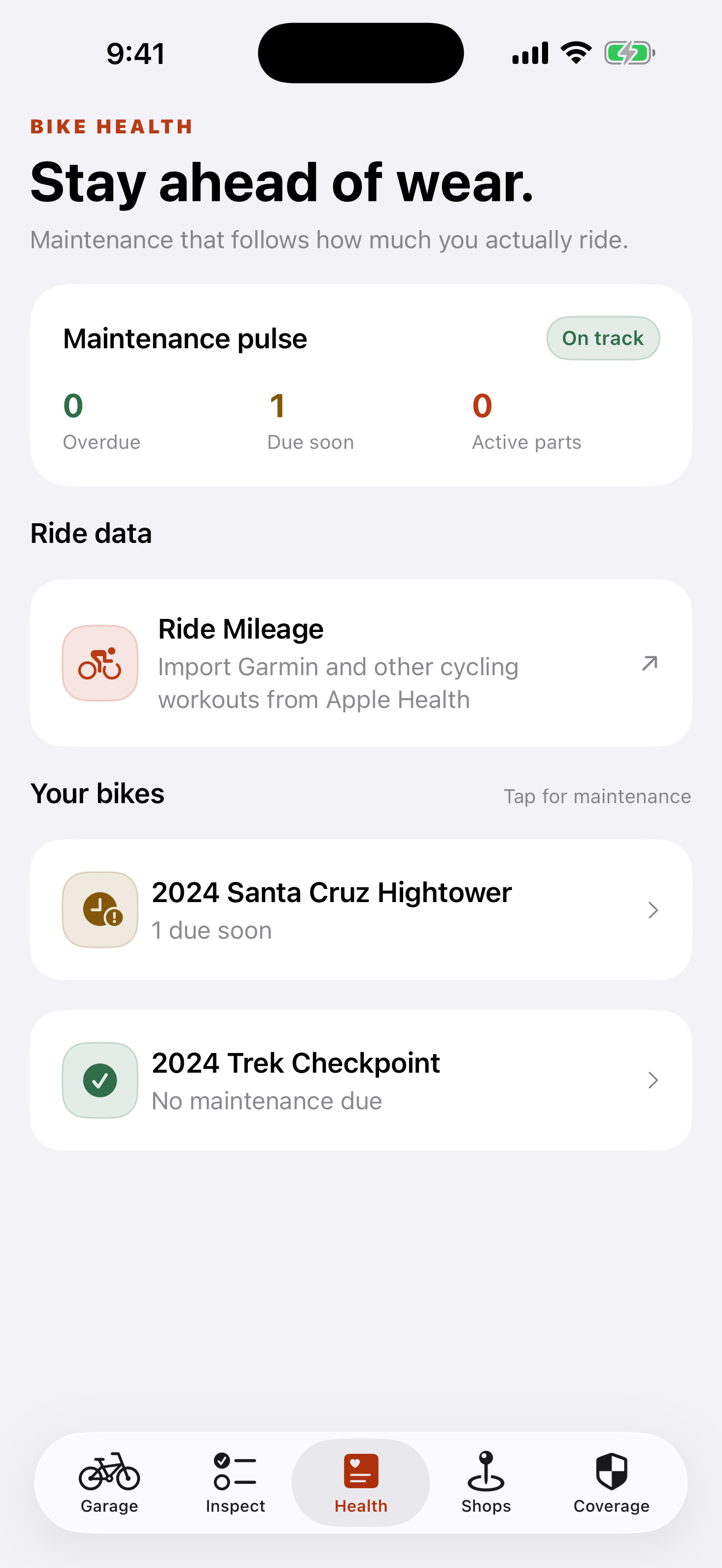 Bike Health screen showing maintenance status and ride mileage