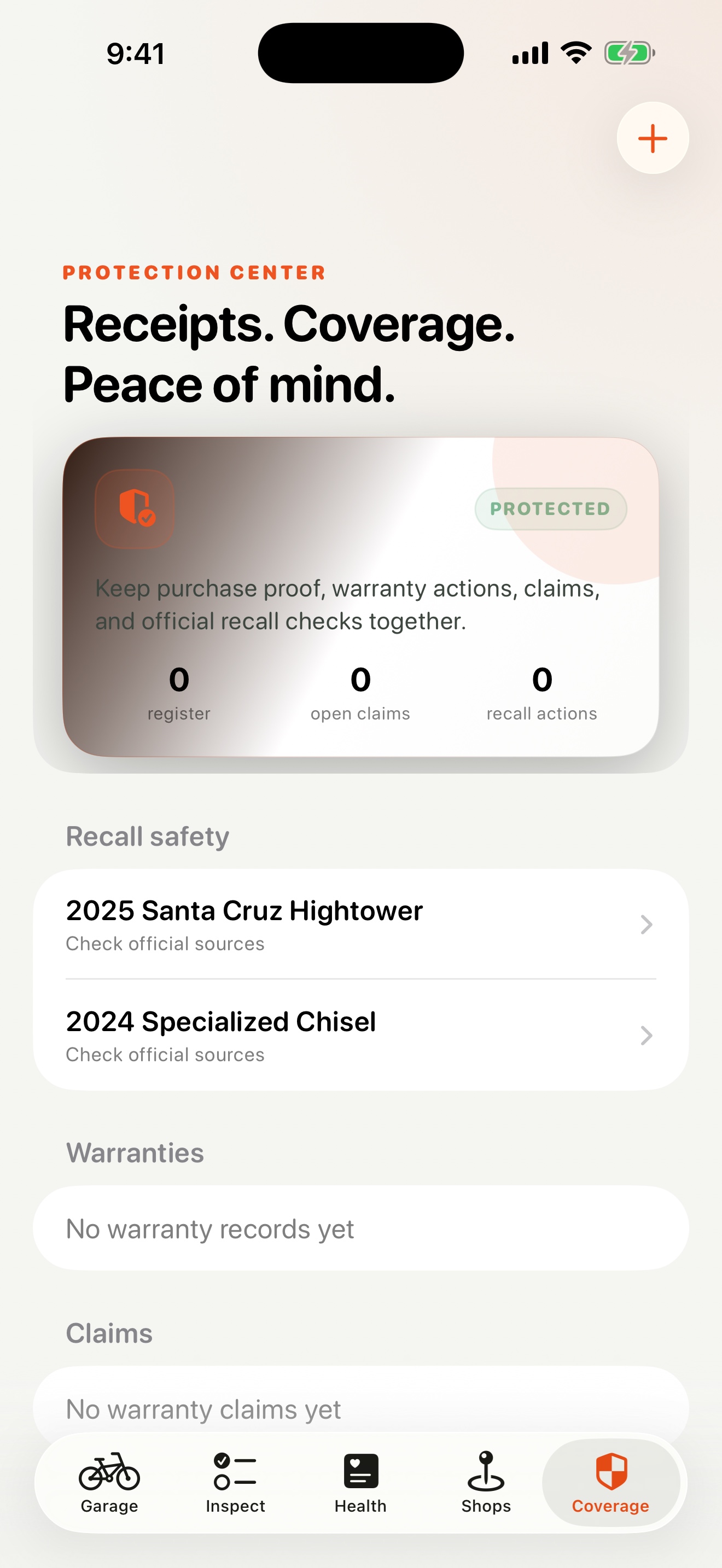 Coverage screen with purchase records, warranties, and recall checks