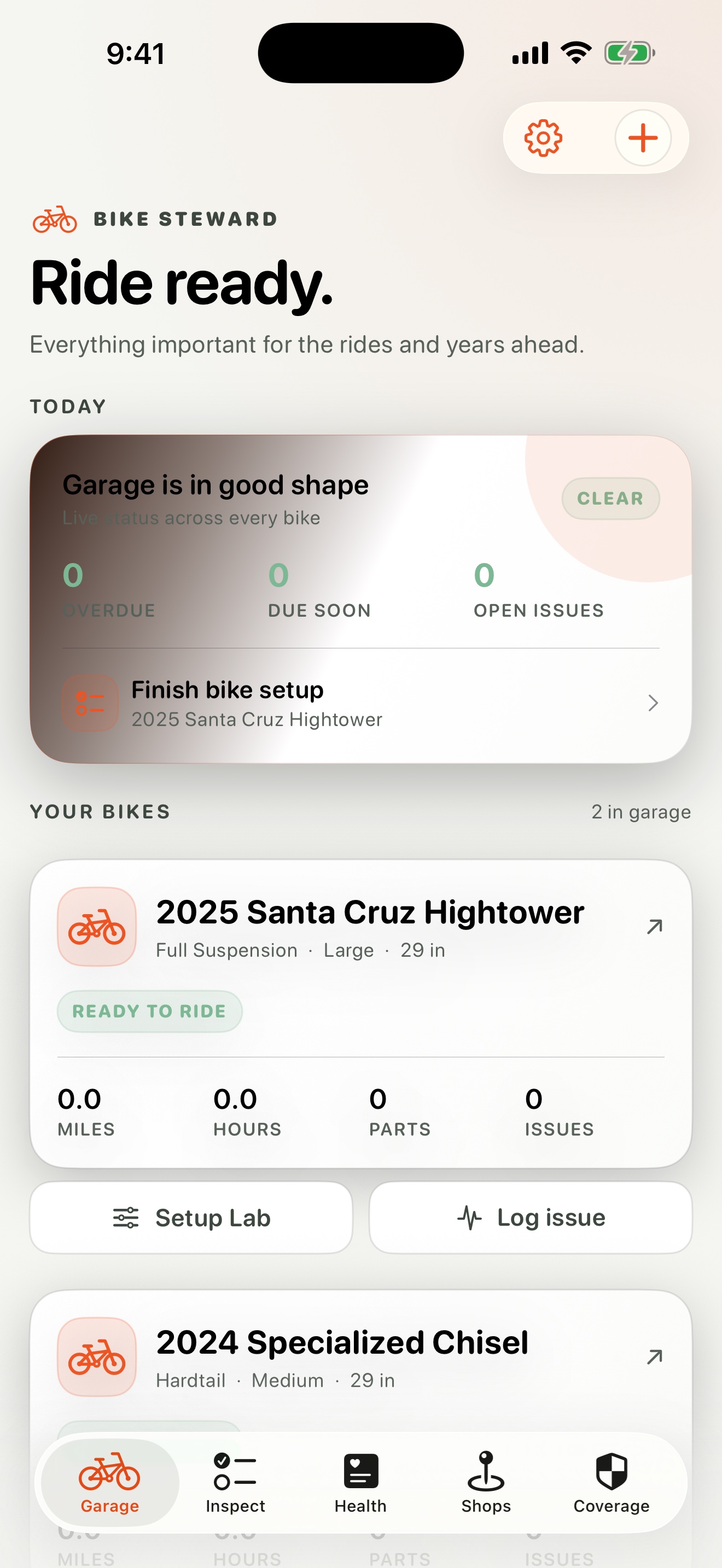 Bike Steward Garage showing bike records, ride readiness, and setup tools