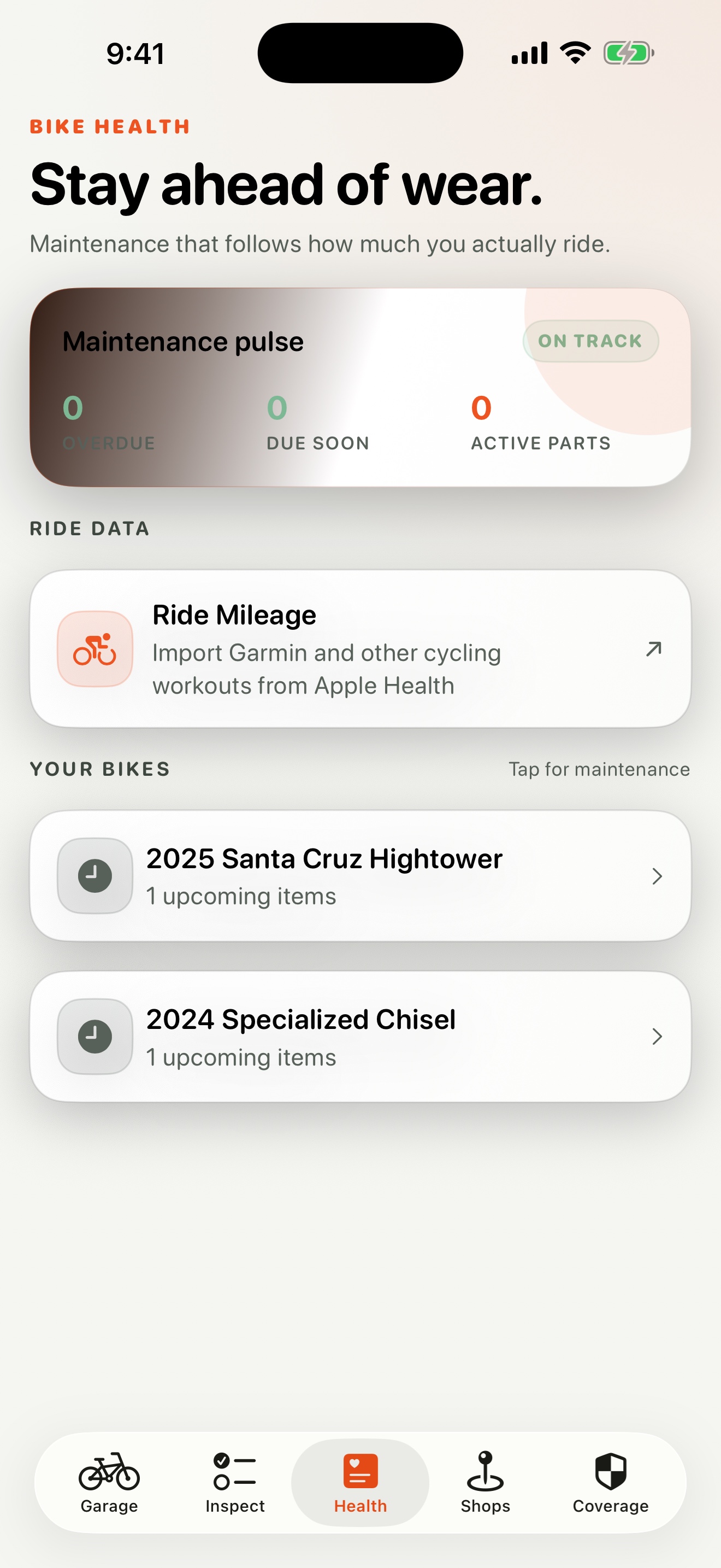 Bike Health screen showing maintenance status and ride mileage